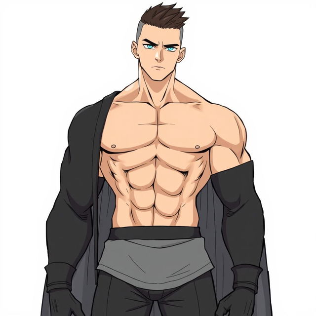 A character with a muscular build and androgynous features, wearing form-fitting clothing