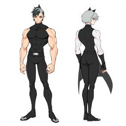 A character with a muscular build and androgynous features, wearing form-fitting clothing