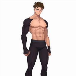 A character with a muscular build and androgynous features, wearing form-fitting clothing