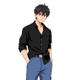 An anime-style illustration of a man wearing a black shirt and baggy jeans