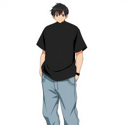 An anime-style illustration of a man wearing a black shirt and baggy jeans