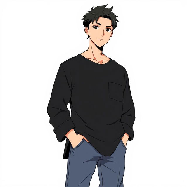 An anime-style illustration of a man wearing a black shirt and baggy jeans