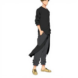 A detailed illustration of a man wearing a long black shirt and baggy jeans