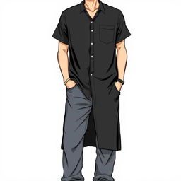 A detailed illustration of a man wearing a long black shirt and baggy jeans