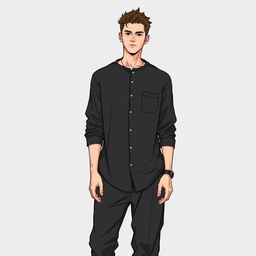 A detailed illustration of a man wearing a long black shirt and baggy jeans