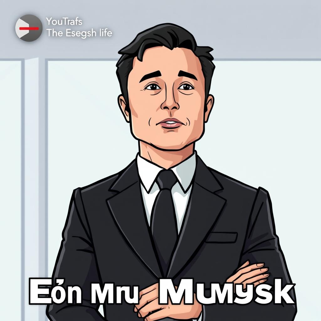 Create a cartoon-style thumbnail for a video featuring Elon Musk wearing a suit