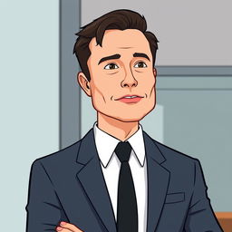 Create a cartoon-style thumbnail for a video featuring Elon Musk wearing a suit