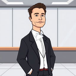 Create a cartoon-style thumbnail for a video featuring Elon Musk wearing a suit