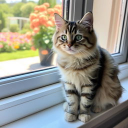 A cute and fluffy cat sitting on a windowsill, basking in the sunlight