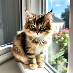 A cute and fluffy cat sitting on a windowsill, basking in the sunlight