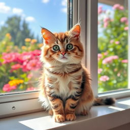 A cute and fluffy cat sitting on a windowsill, basking in the sunlight