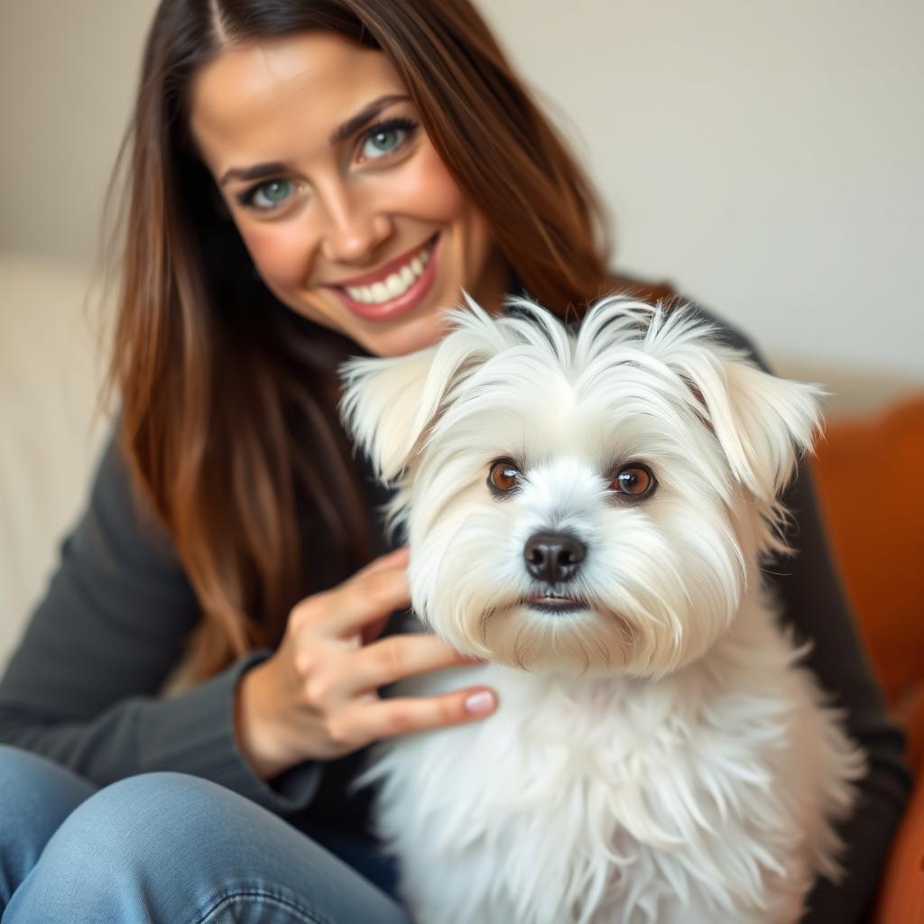 A cute white Maltese dog sitting next to a brunette woman with green eyes