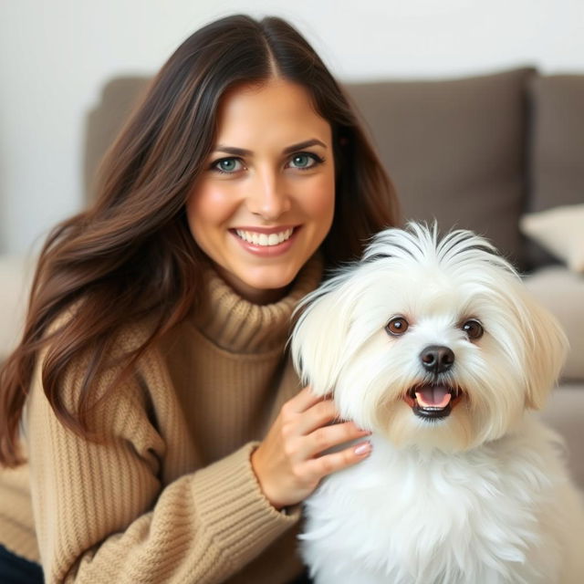 A cute white Maltese dog sitting next to a brunette woman with green eyes