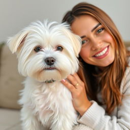 A cute white Maltese dog sitting next to a brunette woman with green eyes