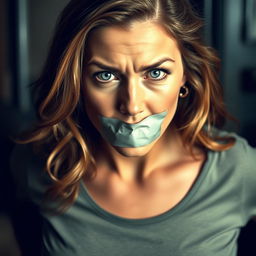 A woman with a piece of tape over her mouth, in a scene that suggests a dramatic or intense situation