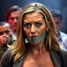 A woman with a piece of tape over her mouth, in a scene that suggests a dramatic or intense situation