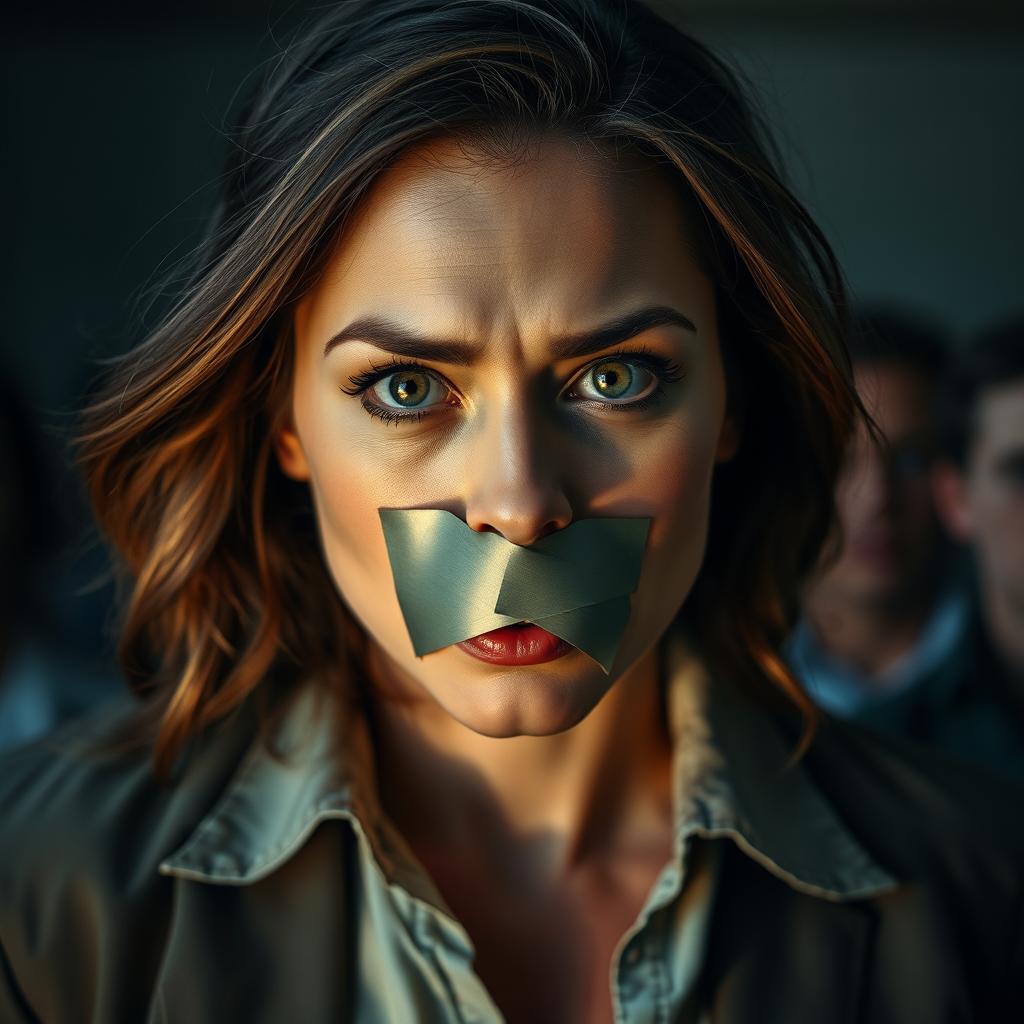 A woman with a piece of tape over her mouth, in a scene that suggests a dramatic or intense situation