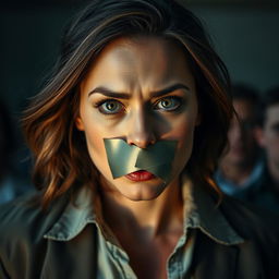 A woman with a piece of tape over her mouth, in a scene that suggests a dramatic or intense situation