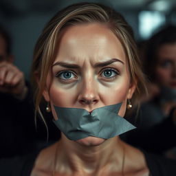 A woman with a piece of tape over her mouth, in a scene that suggests a dramatic or intense situation