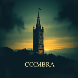 Create a book cover for a crime novel set in Coimbra, featuring the iconic university tower