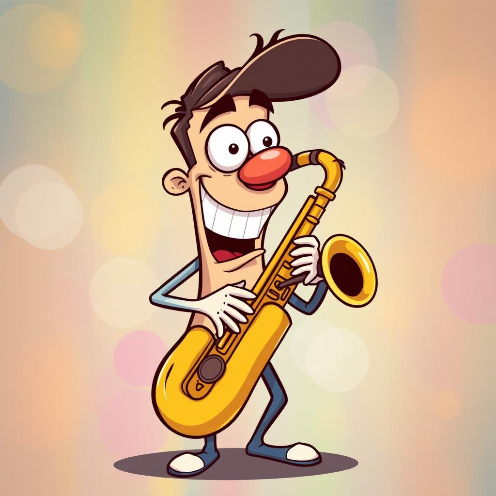 A quirky and fun image of a saxophone playing character with a vibrant and colorful background