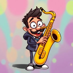 A quirky and fun image of a saxophone playing character with a vibrant and colorful background