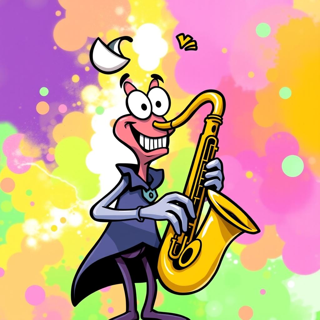 A quirky and fun image of a saxophone playing character with a vibrant and colorful background