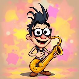 A quirky and fun image of a saxophone playing character with a vibrant and colorful background