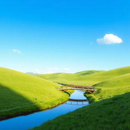 Create an image with a pleasant landscape featuring a clear blue sky, rolling green hills, and a few fluffy white clouds