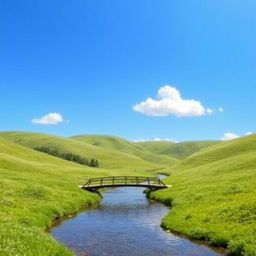 Create an image with a pleasant landscape featuring a clear blue sky, rolling green hills, and a few fluffy white clouds