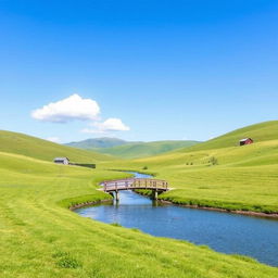 Create an image with a pleasant landscape featuring a clear blue sky, rolling green hills, and a few fluffy white clouds