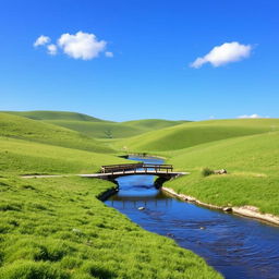 Create an image with a pleasant landscape featuring a clear blue sky, rolling green hills, and a few fluffy white clouds