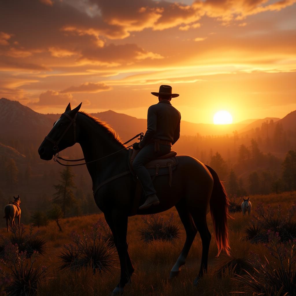 A vivid and detailed scene from Red Dead Redemption II, featuring a cowboy riding a horse through the rugged and wild American frontier, with mountains, forests, and a setting sun in the background