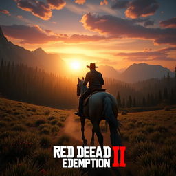 A vivid and detailed scene from Red Dead Redemption II, featuring a cowboy riding a horse through the rugged and wild American frontier, with mountains, forests, and a setting sun in the background