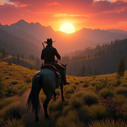 A vivid and detailed scene from Red Dead Redemption II, featuring a cowboy riding a horse through the rugged and wild American frontier, with mountains, forests, and a setting sun in the background