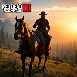 A vivid and detailed scene from Red Dead Redemption II, featuring a cowboy riding a horse through the rugged and wild American frontier, with mountains, forests, and a setting sun in the background