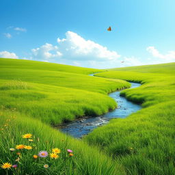 A serene landscape featuring a lush green meadow, a clear blue sky with a few fluffy white clouds, and a gentle stream flowing through the scene