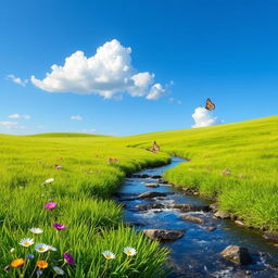 A serene landscape featuring a lush green meadow, a clear blue sky with a few fluffy white clouds, and a gentle stream flowing through the scene