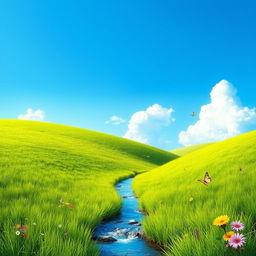 A serene landscape featuring a lush green meadow, a clear blue sky with a few fluffy white clouds, and a gentle stream flowing through the scene