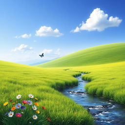 A serene landscape featuring a lush green meadow, a clear blue sky with a few fluffy white clouds, and a gentle stream flowing through the scene