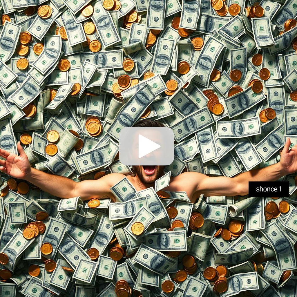 Create a YouTube thumbnail featuring a man swimming in a pile of money