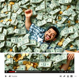 Create a YouTube thumbnail featuring a man swimming in a pile of money