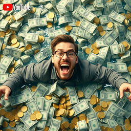 Create a YouTube thumbnail featuring a man swimming in a pile of money