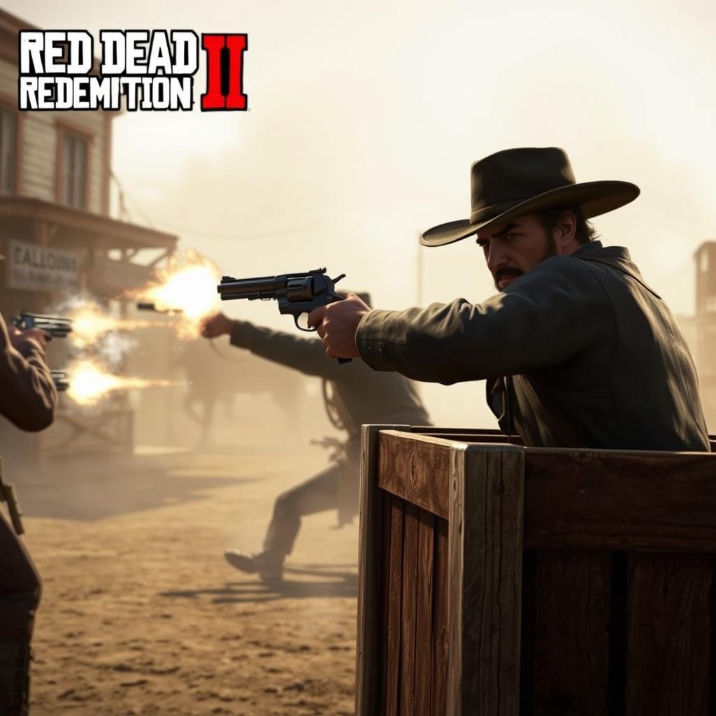 A dynamic and intense scene from Red Dead Redemption II, showing a cowboy in a dramatic gunfight