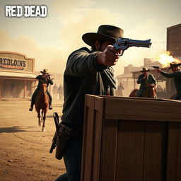 A dynamic and intense scene from Red Dead Redemption II, showing a cowboy in a dramatic gunfight