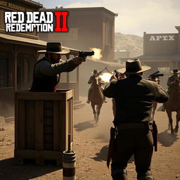 A dynamic and intense scene from Red Dead Redemption II, showing a cowboy in a dramatic gunfight