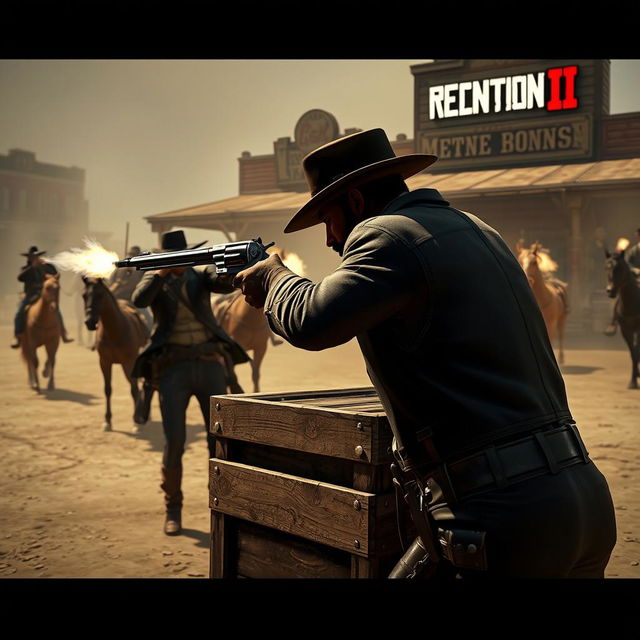 A dynamic and intense scene from Red Dead Redemption II, showing a cowboy in a dramatic gunfight