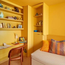 A light yellow room featuring a cosy bed, a study table, a bookshelf, a cupboard, a small sofa, and a beautifully detailed Ganesha fountain.