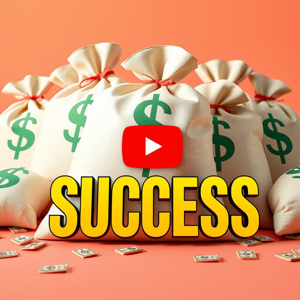 Create a YouTube thumbnail featuring several large bags of money with dollar signs on them