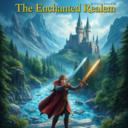 Create a book cover featuring an enchanting fantasy world with a majestic castle in the background, lush forests, and a sparkling river